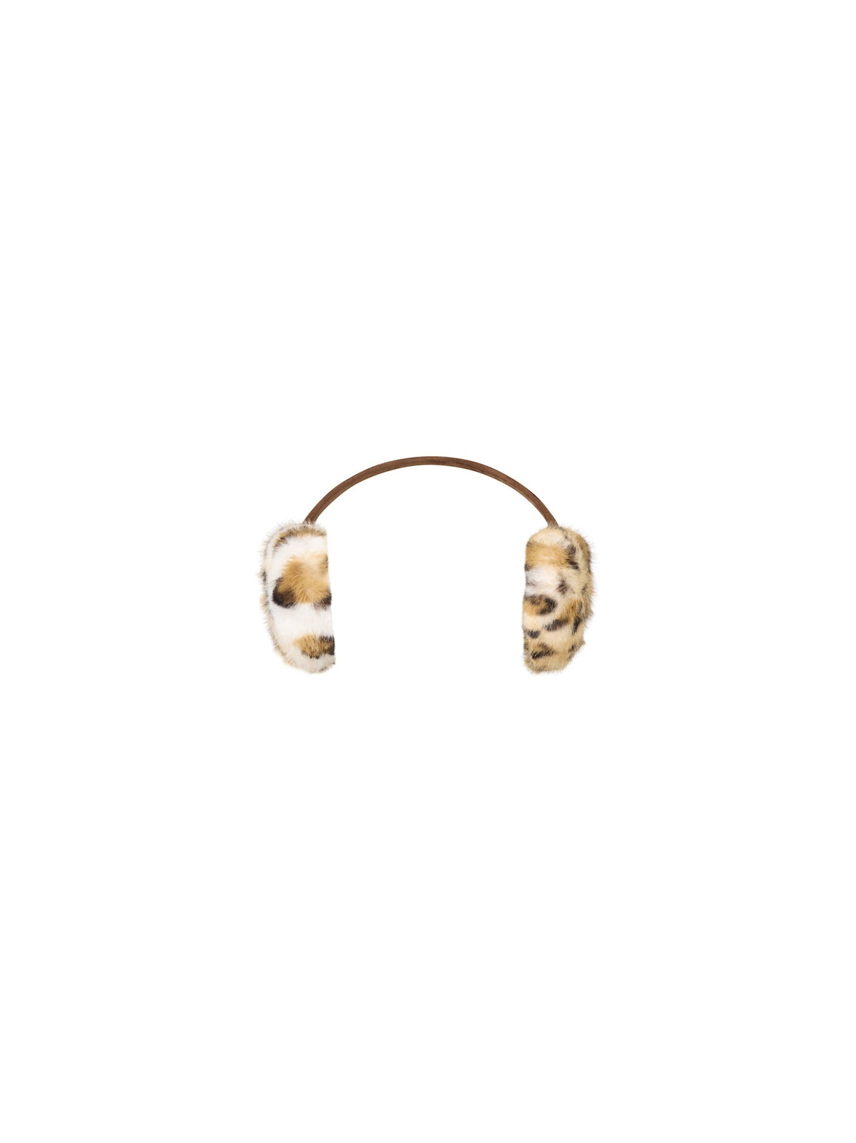 Leopard print faux fur earmuffs crafted from premium cruelty-free materials.