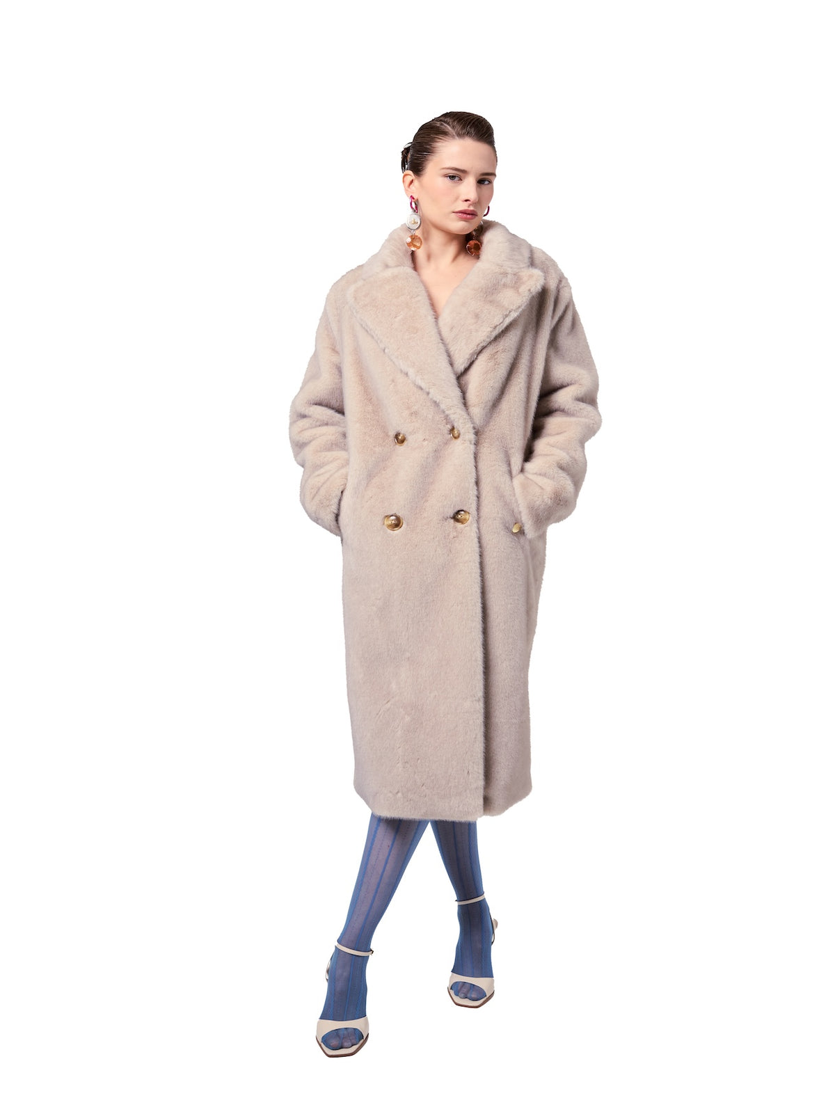 LONDON coat in Arctic Wolf featuring premium cruelty-free faux fur, double-breasted front closure, oversized notch collar, and elegant midi-length silhouette.