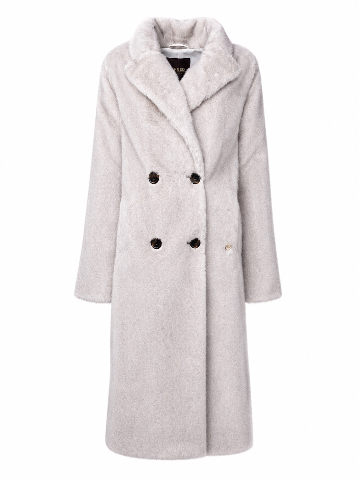 Premium cruelty-free faux fur coat in an arctic wolf hue featuring a double-breasted front, wide notch lapels, and a refined full-length silhouette.