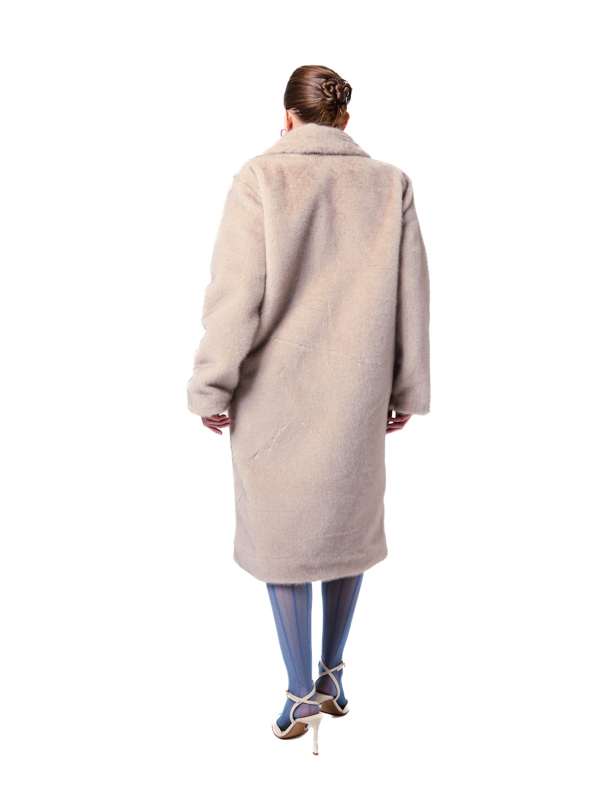 Back view of the LONDON Arctic Wolf coat highlighting the smooth faux fur finish, clean tailored lines, and timeless silhouette.
