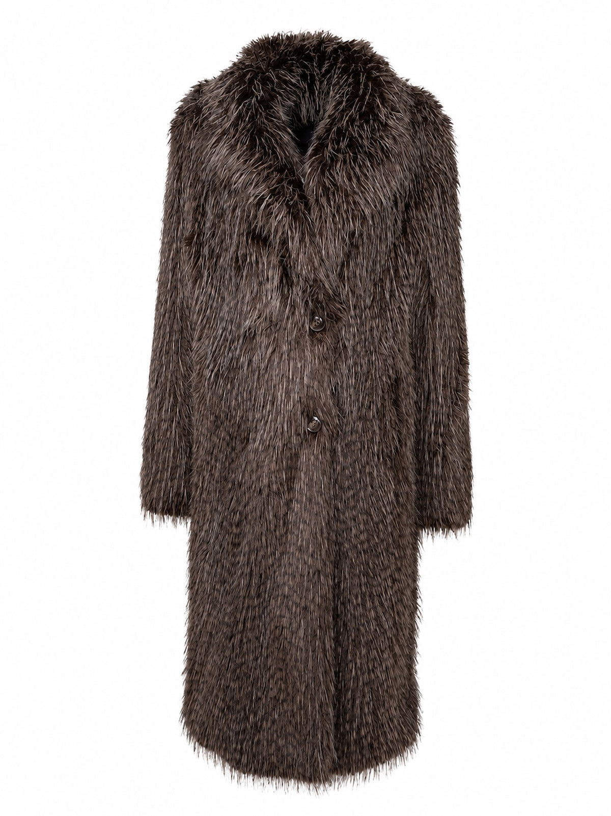 Premium cruelty-free faux fur coat in a rich sable hue featuring a double-breasted front, wide notch lapels, and a luxurious full-length silhouette.