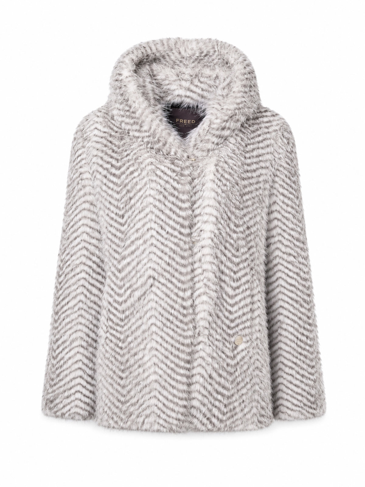 Premium cruelty-free striped faux fur jacket in a snow lynx pattern featuring a sculpted stand collar, hook-front closure, and a soft chevron-textured finish.