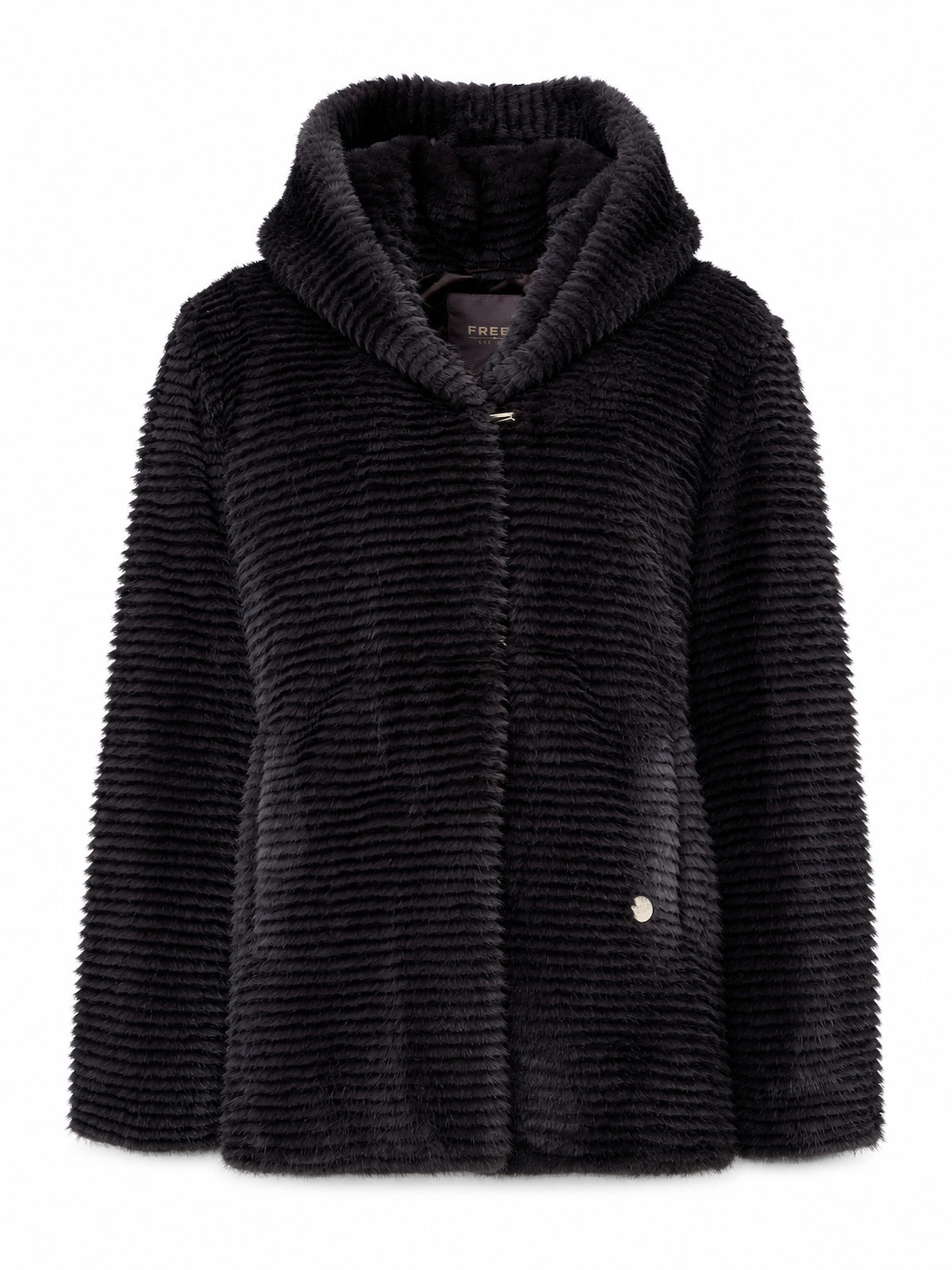 Premium cruelty-free striped faux fur jacket in a shadow black hue featuring a sculpted stand collar, hook-front closure, and a soft ribbed plush texture.