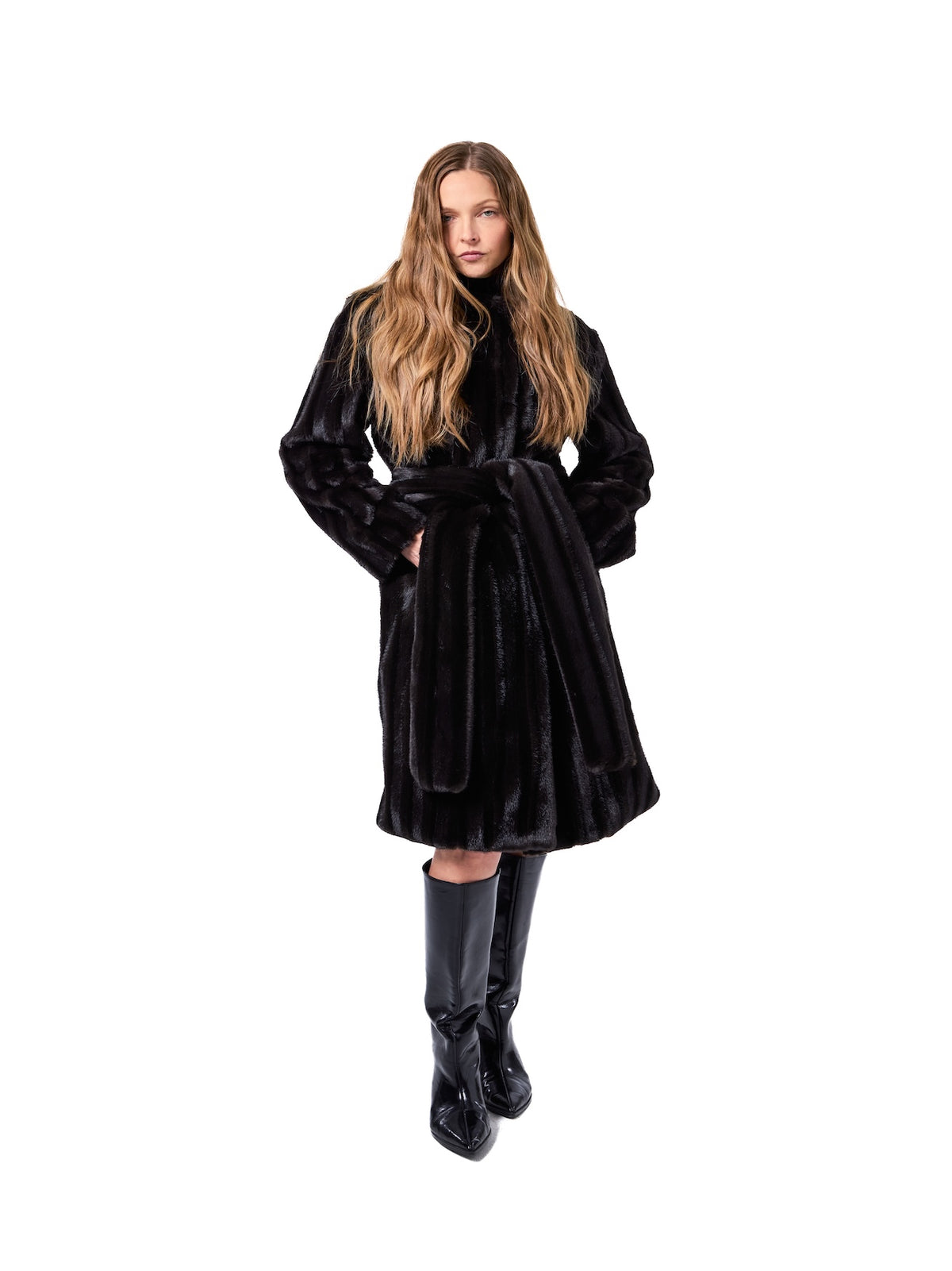 STELLA coat in Black Stripe featuring premium cruelty-free faux fur, a removable self-belt, elegant midi-length silhouette, and luxurious winter styling.