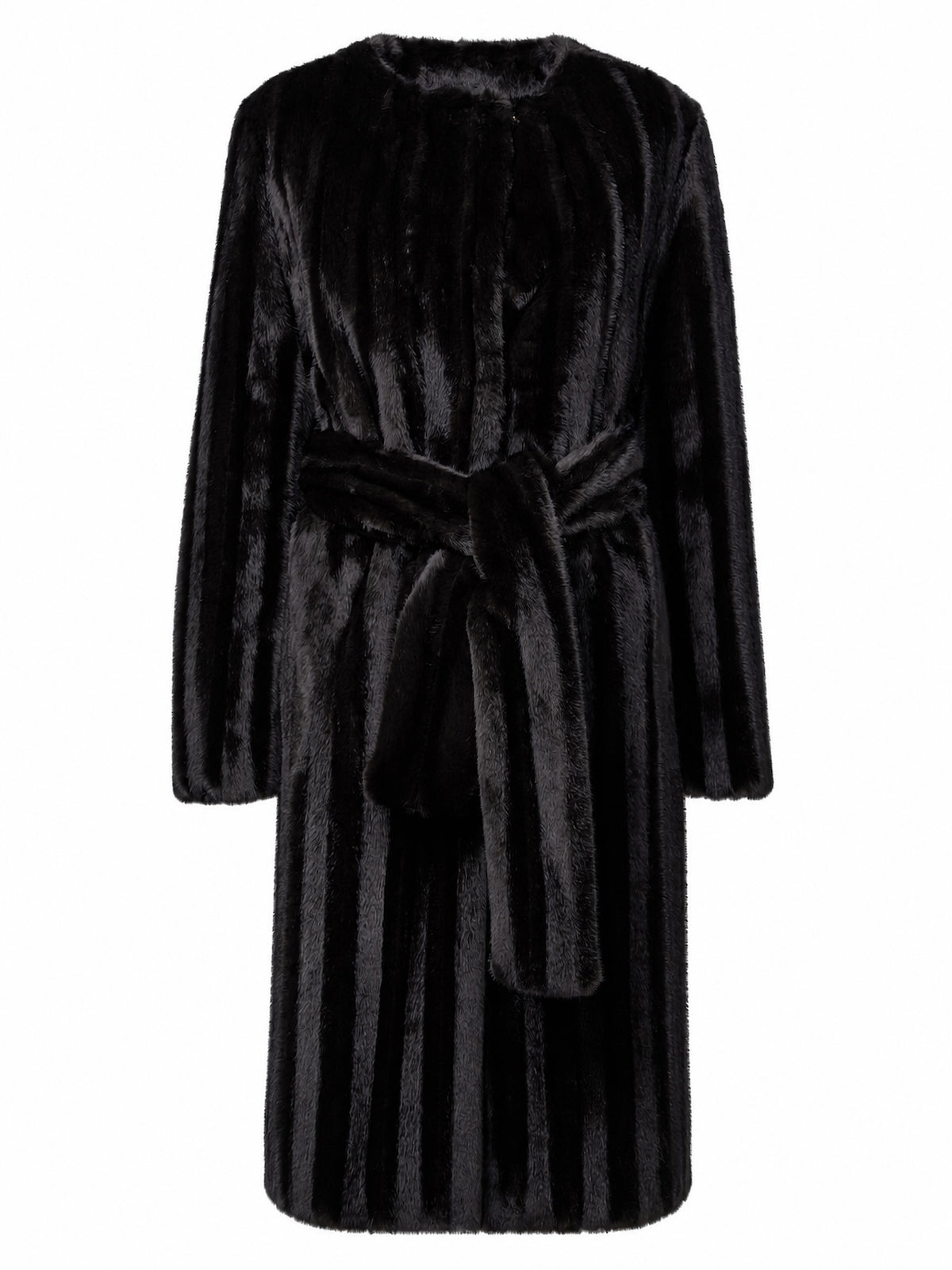 Premium cruelty-free faux fur coat in a black stripe texture featuring a collarless neckline, self-tie belt, and a sophisticated full-length silhouette.