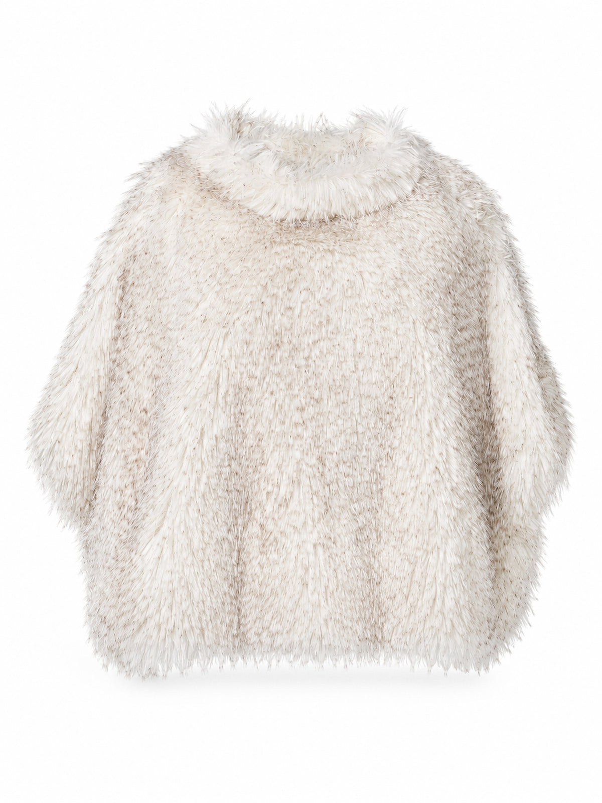 Model wearing the FREED Collette Pebble faux fur cape, a soft neutral layer with voluminous texture.
